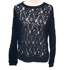 Vintage Express Black Sheer Lace Long Sleeve Top Coquette Girl Size L Whimsigoth